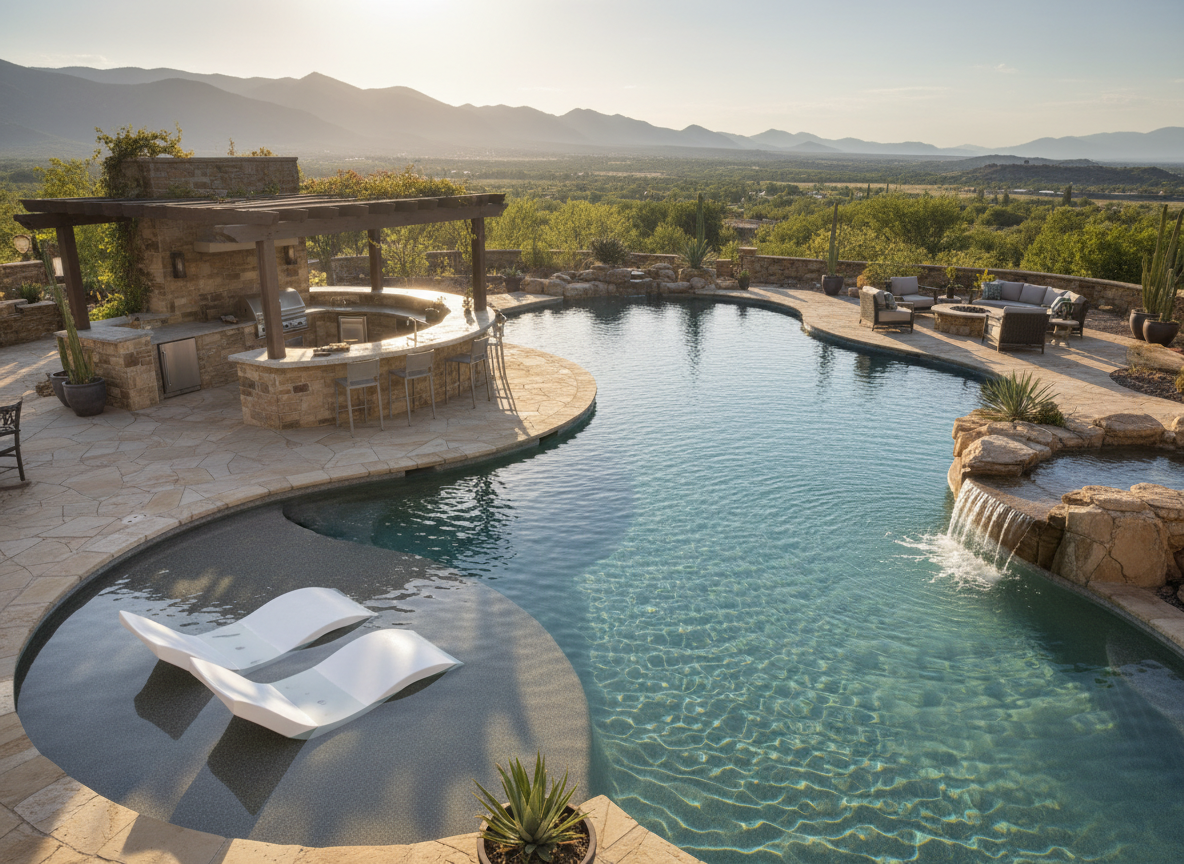 A refined outdoor living space seamlessly integrated with a custom freeform pool designed for the Western Slope climate. The pool’s interior features a soft teal pebble finish with gentle curves that wrap around a sunken, covered outdoor kitchen and bar built from warm-toned stone and topped with honed concrete counters. A shallow tanning ledge with two submerged, sculptural chaise platforms extends from one side of the pool, while a small rock outcropping with a recirculating stream feeds a quiet waterfall into the deep end. Soft morning light filters across the scene, creating a serene, inviting glow and delicate reflections on the water. Photographic realism from a slightly elevated diagonal angle, with moderate depth of field, highlights the connection between pool, spa, and entertaining areas in a sophisticated, livable composition.