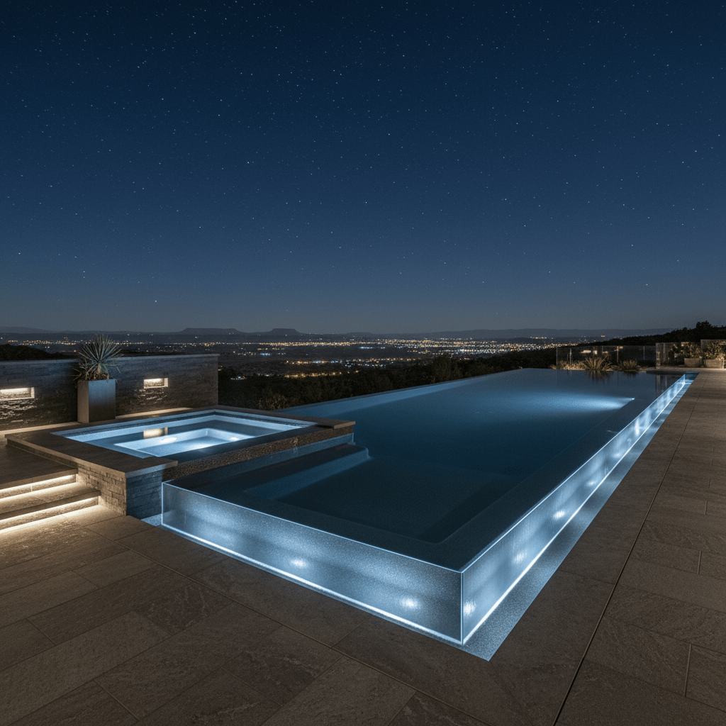 A dramatic, high-end nighttime poolscape designed for an upscale Western Slope residence, featuring a rectangular pool with a dark graphite interior that reflects the starry sky and the faint silhouette of nearby mesas. A raised perimeter-overflow spa at one corner appears as a glowing cube of water, lit from within by cool white LEDs. Along one entire side of the pool, a sheer, glass-like edge lets water slip into a hidden trough, creating an infinity effect against a distant valley. Linear step lights, nicheless wall lights, and a recessed strip under the coping define clean architectural lines. The scene is captured in photographic realism from a low, oblique angle, with long exposure feel and subtle bokeh in the distant landscape, creating an ultra-sophisticated, tranquil atmosphere.