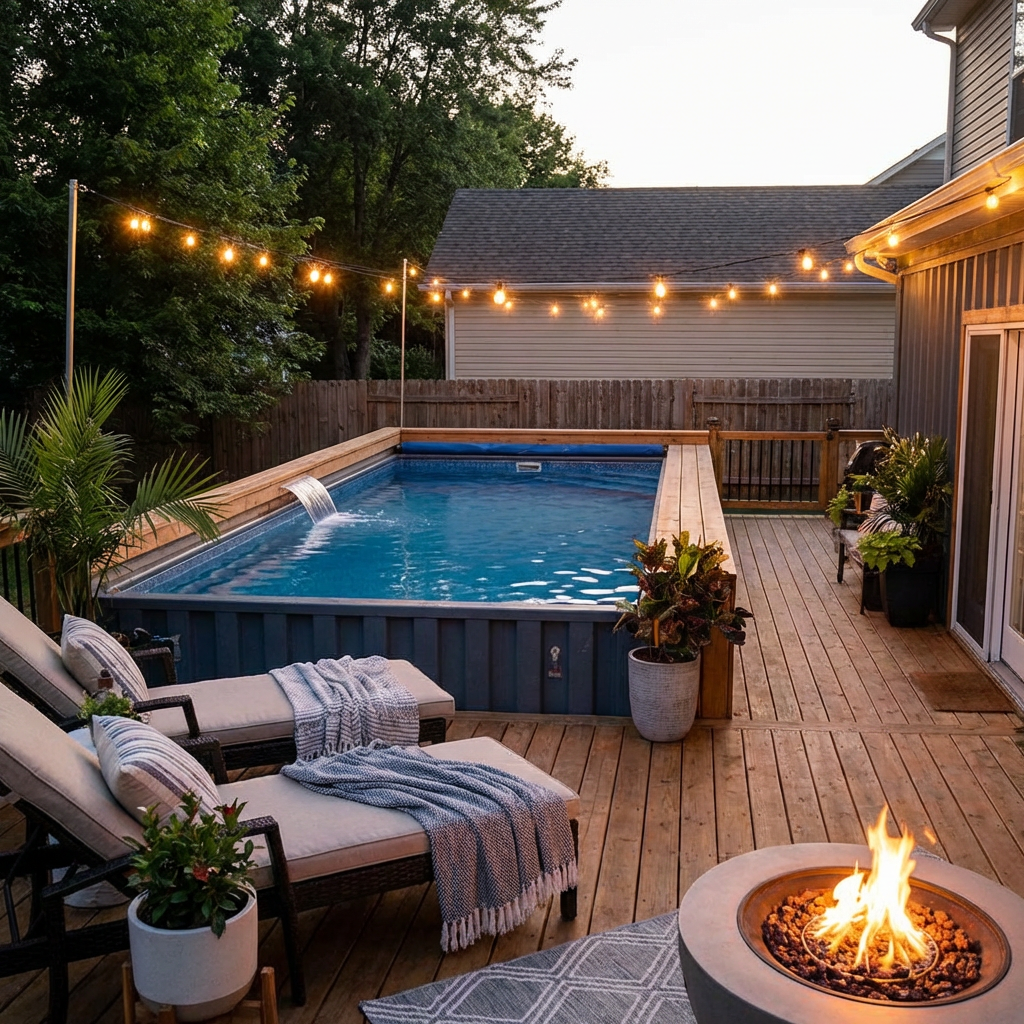A wooden deck featuring an above-ground container pool, lounge chairs, and a lit fire pit.
