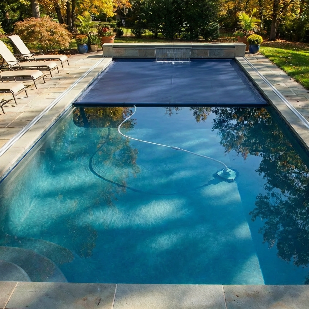 Rectangular swimming pool with a blue safety cover partially closed in a sunny backyard.
